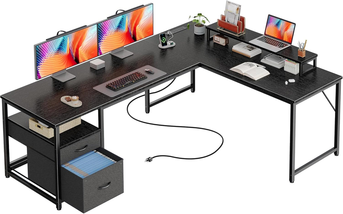 63 Inch L Shaped Desk with Power Outlets and USB-C Port, Computer Corner Home Office Desk with File Fabric Drawers and Movable Monitor Stand, Larger Storage, Gaming, Writing, Rustic Brown