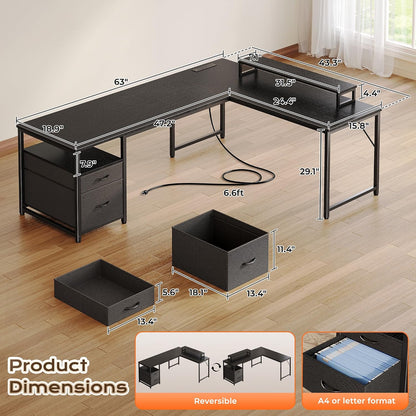 63 Inch L Shaped Desk with Power Outlets and USB-C Port, Computer Corner Home Office Desk with File Fabric Drawers and Movable Monitor Stand, Larger Storage, Gaming, Writing, Rustic Brown