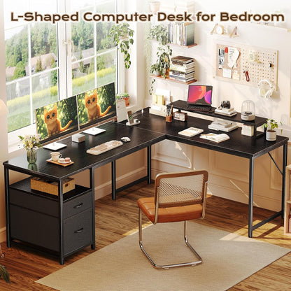 63 Inch L Shaped Desk with Power Outlets and USB-C Port, Computer Corner Home Office Desk with File Fabric Drawers and Movable Monitor Stand, Larger Storage, Gaming, Writing, Rustic Brown