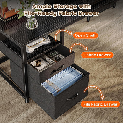 63 Inch L Shaped Desk with Power Outlets and USB-C Port, Computer Corner Home Office Desk with File Fabric Drawers and Movable Monitor Stand, Larger Storage, Gaming, Writing, Rustic Brown