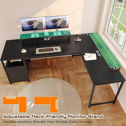 63 Inch L Shaped Desk with Power Outlets and USB-C Port, Computer Corner Home Office Desk with File Fabric Drawers and Movable Monitor Stand, Larger Storage, Gaming, Writing, Rustic Brown