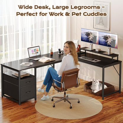 63 Inch L Shaped Desk with Power Outlets and USB-C Port, Computer Corner Home Office Desk with File Fabric Drawers and Movable Monitor Stand, Larger Storage, Gaming, Writing, Rustic Brown
