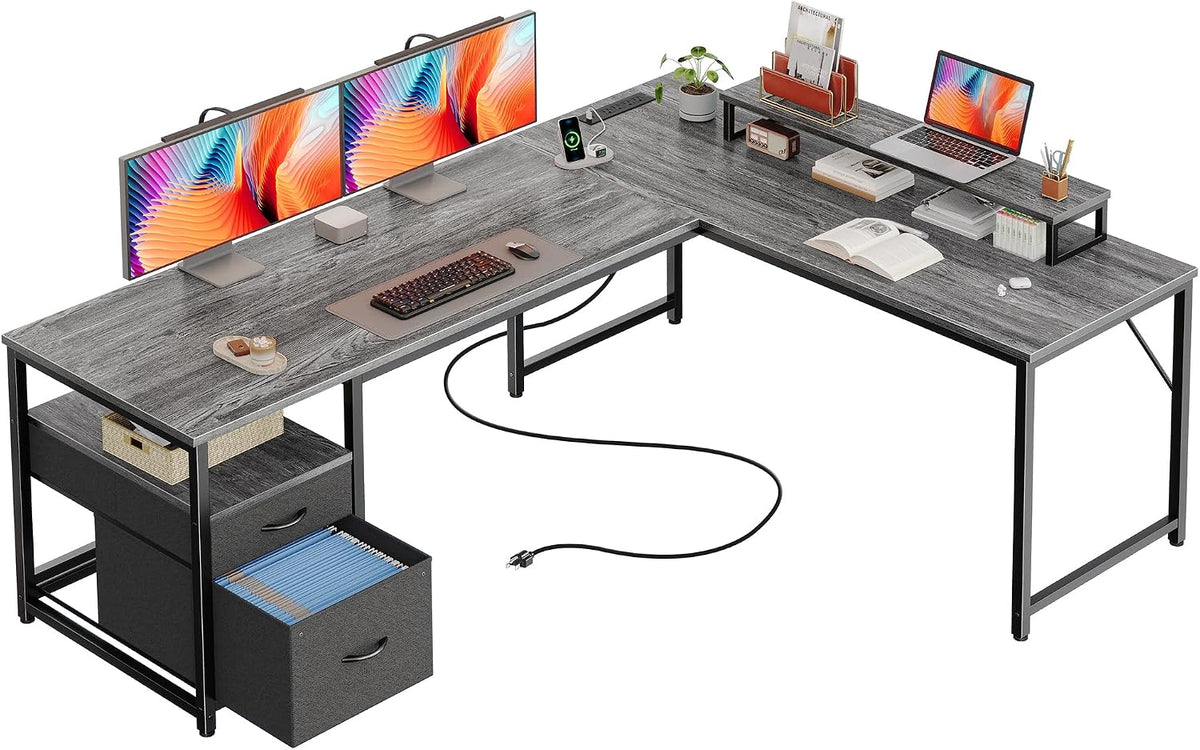 63 Inch L Shaped Desk with Power Outlets and USB-C Port, Computer Corner Home Office Desk with File Fabric Drawers and Movable Monitor Stand, Larger Storage, Gaming, Writing, Rustic Brown