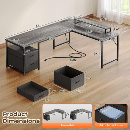 63 Inch L Shaped Desk with Power Outlets and USB-C Port, Computer Corner Home Office Desk with File Fabric Drawers and Movable Monitor Stand, Larger Storage, Gaming, Writing, Rustic Brown