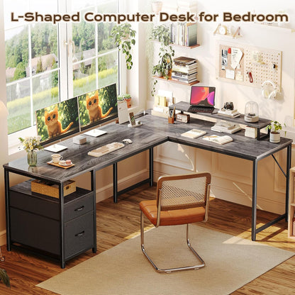 63 Inch L Shaped Desk with Power Outlets and USB-C Port, Computer Corner Home Office Desk with File Fabric Drawers and Movable Monitor Stand, Larger Storage, Gaming, Writing, Rustic Brown