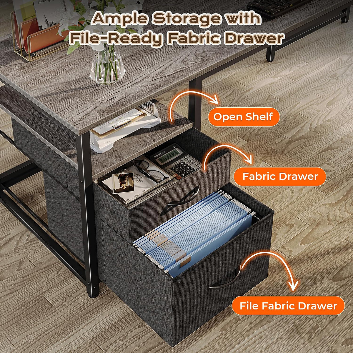 63 Inch L Shaped Desk with Power Outlets and USB-C Port, Computer Corner Home Office Desk with File Fabric Drawers and Movable Monitor Stand, Larger Storage, Gaming, Writing, Rustic Brown