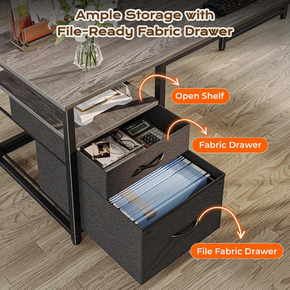 63 Inch L Shaped Desk with Power Outlets and USB-C Port, Computer Corner Home Office Desk with File Fabric Drawers and Movable Monitor Stand, Larger Storage, Gaming, Writing, Rustic Brown