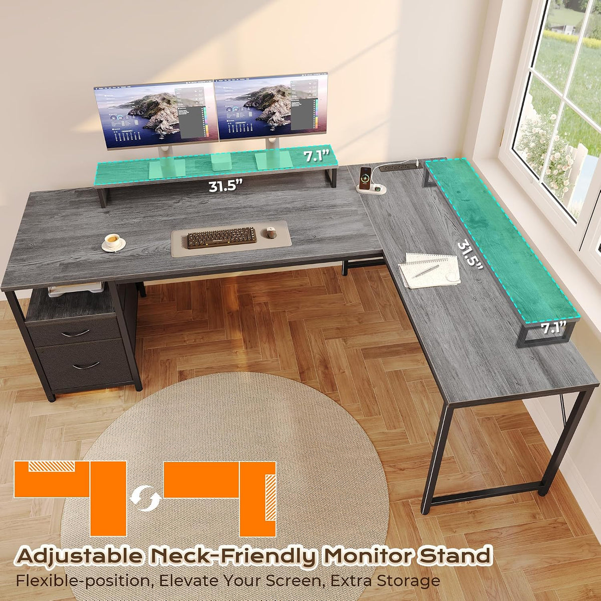 63 Inch L Shaped Desk with Power Outlets and USB-C Port, Computer Corner Home Office Desk with File Fabric Drawers and Movable Monitor Stand, Larger Storage, Gaming, Writing, Rustic Brown