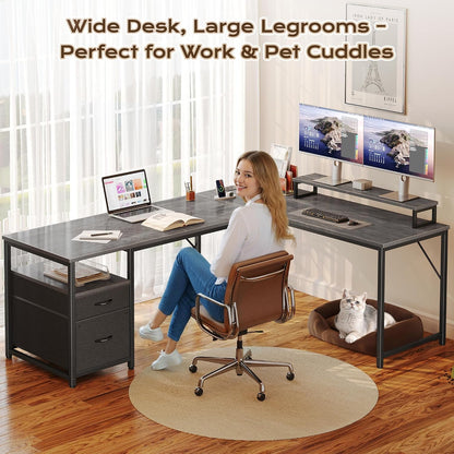 63 Inch L Shaped Desk with Power Outlets and USB-C Port, Computer Corner Home Office Desk with File Fabric Drawers and Movable Monitor Stand, Larger Storage, Gaming, Writing, Rustic Brown