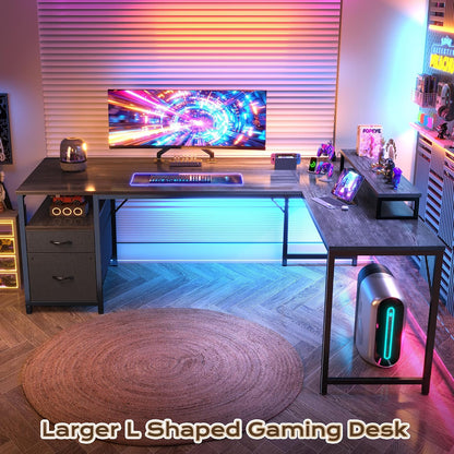 63 Inch L Shaped Desk with Power Outlets and USB-C Port, Computer Corner Home Office Desk with File Fabric Drawers and Movable Monitor Stand, Larger Storage, Gaming, Writing, Rustic Brown
