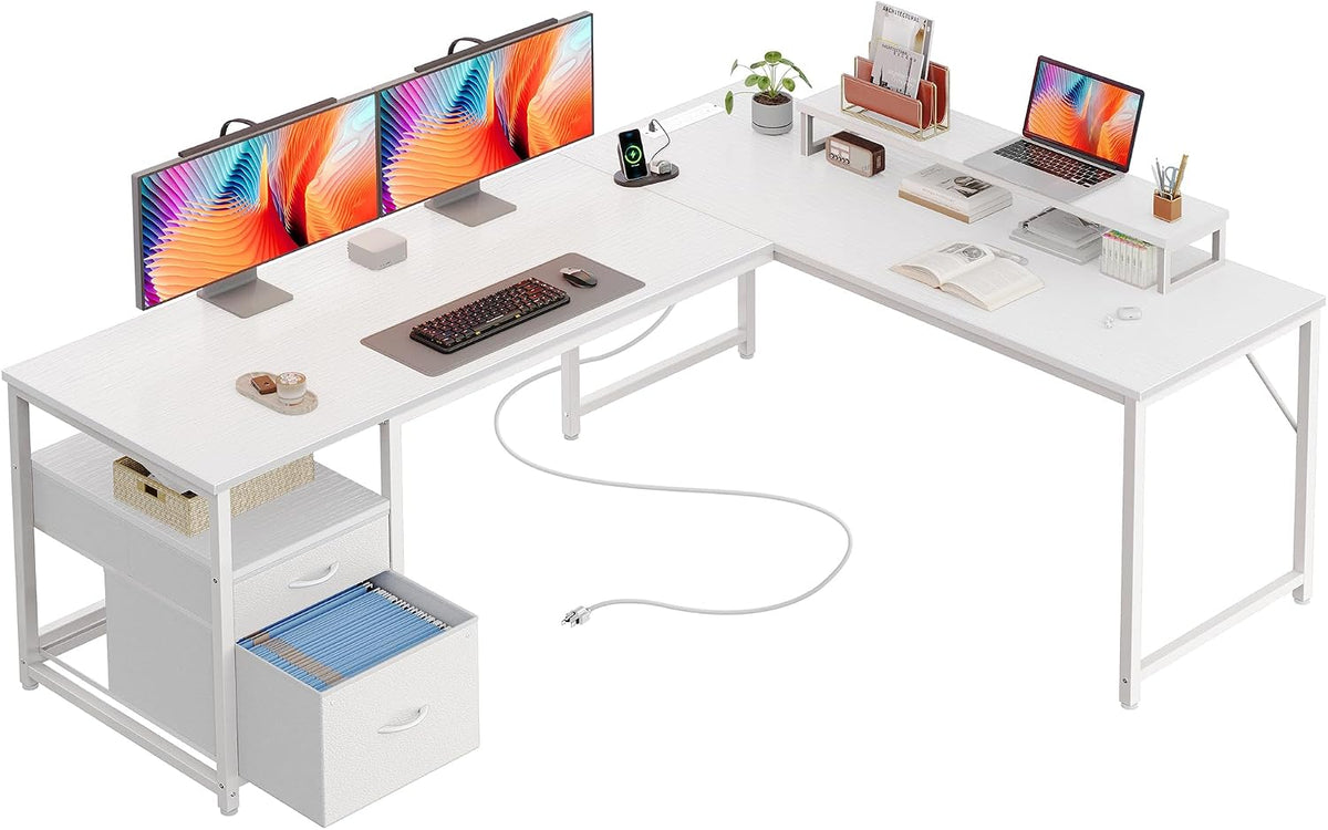 63 Inch L Shaped Desk with Power Outlets and USB-C Port, Computer Corner Home Office Desk with File Fabric Drawers and Movable Monitor Stand, Larger Storage, Gaming, Writing, Rustic Brown