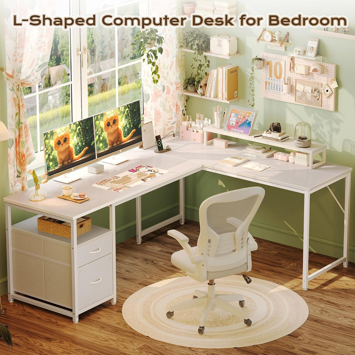 63 Inch L Shaped Desk with Power Outlets and USB-C Port, Computer Corner Home Office Desk with File Fabric Drawers and Movable Monitor Stand, Larger Storage, Gaming, Writing, Rustic Brown