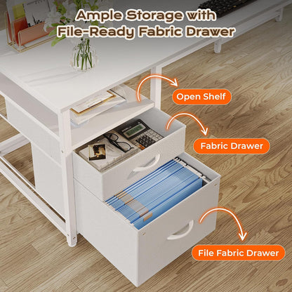 63 Inch L Shaped Desk with Power Outlets and USB-C Port, Computer Corner Home Office Desk with File Fabric Drawers and Movable Monitor Stand, Larger Storage, Gaming, Writing, Rustic Brown
