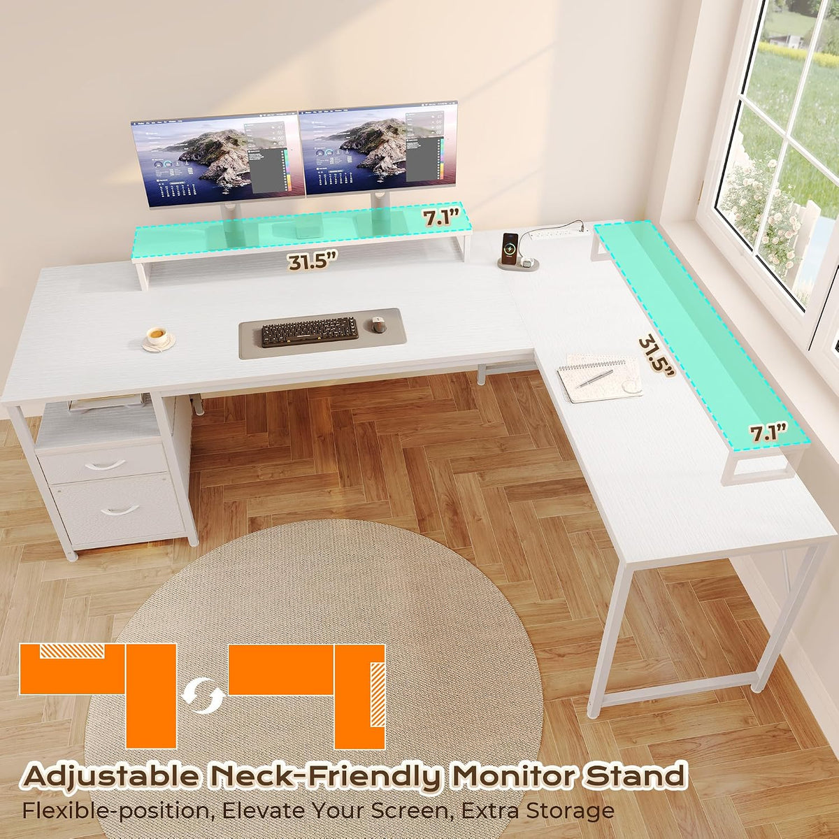 63 Inch L Shaped Desk with Power Outlets and USB-C Port, Computer Corner Home Office Desk with File Fabric Drawers and Movable Monitor Stand, Larger Storage, Gaming, Writing, Rustic Brown