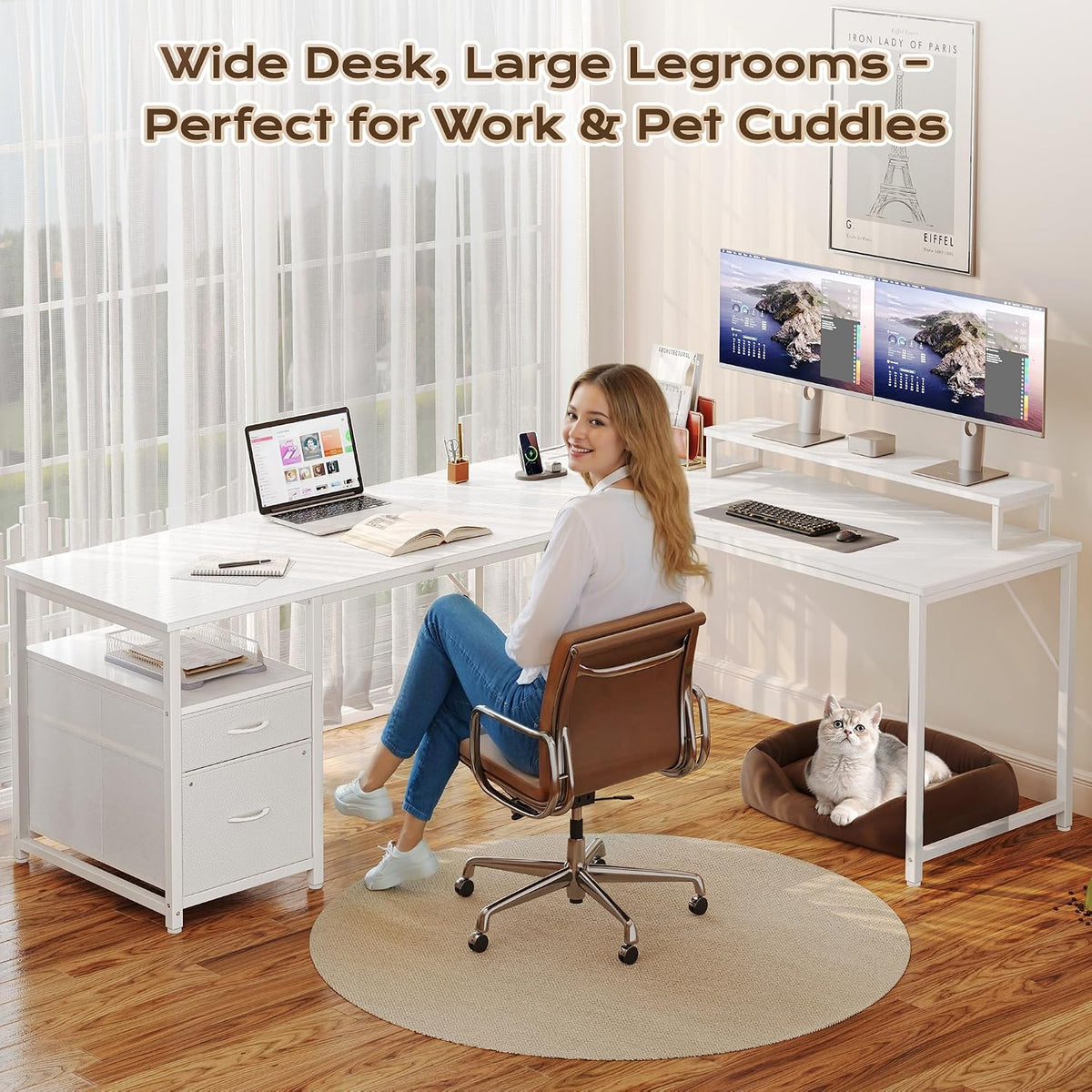 63 Inch L Shaped Desk with Power Outlets and USB-C Port, Computer Corner Home Office Desk with File Fabric Drawers and Movable Monitor Stand, Larger Storage, Gaming, Writing, Rustic Brown