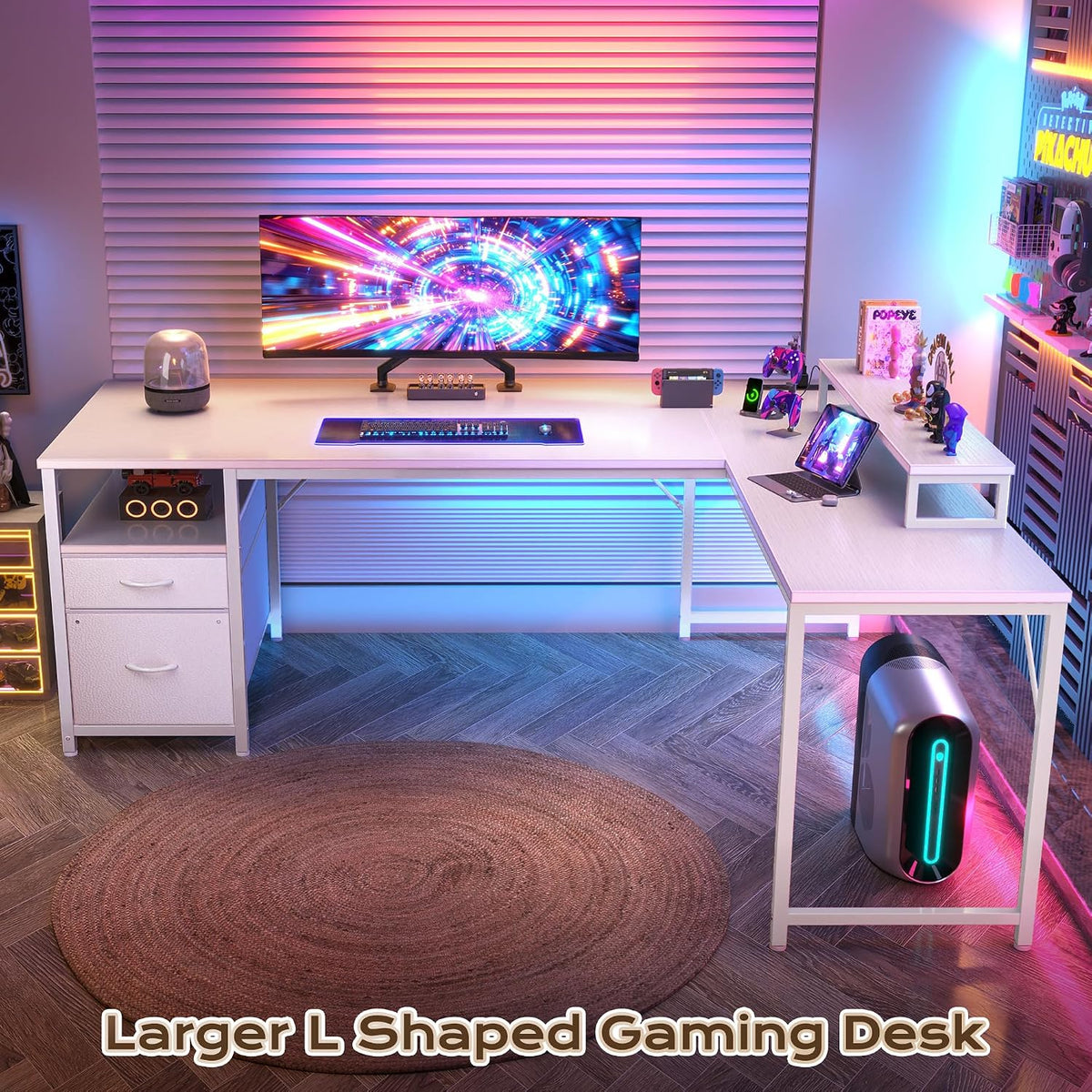 63 Inch L Shaped Desk with Power Outlets and USB-C Port, Computer Corner Home Office Desk with File Fabric Drawers and Movable Monitor Stand, Larger Storage, Gaming, Writing, Rustic Brown