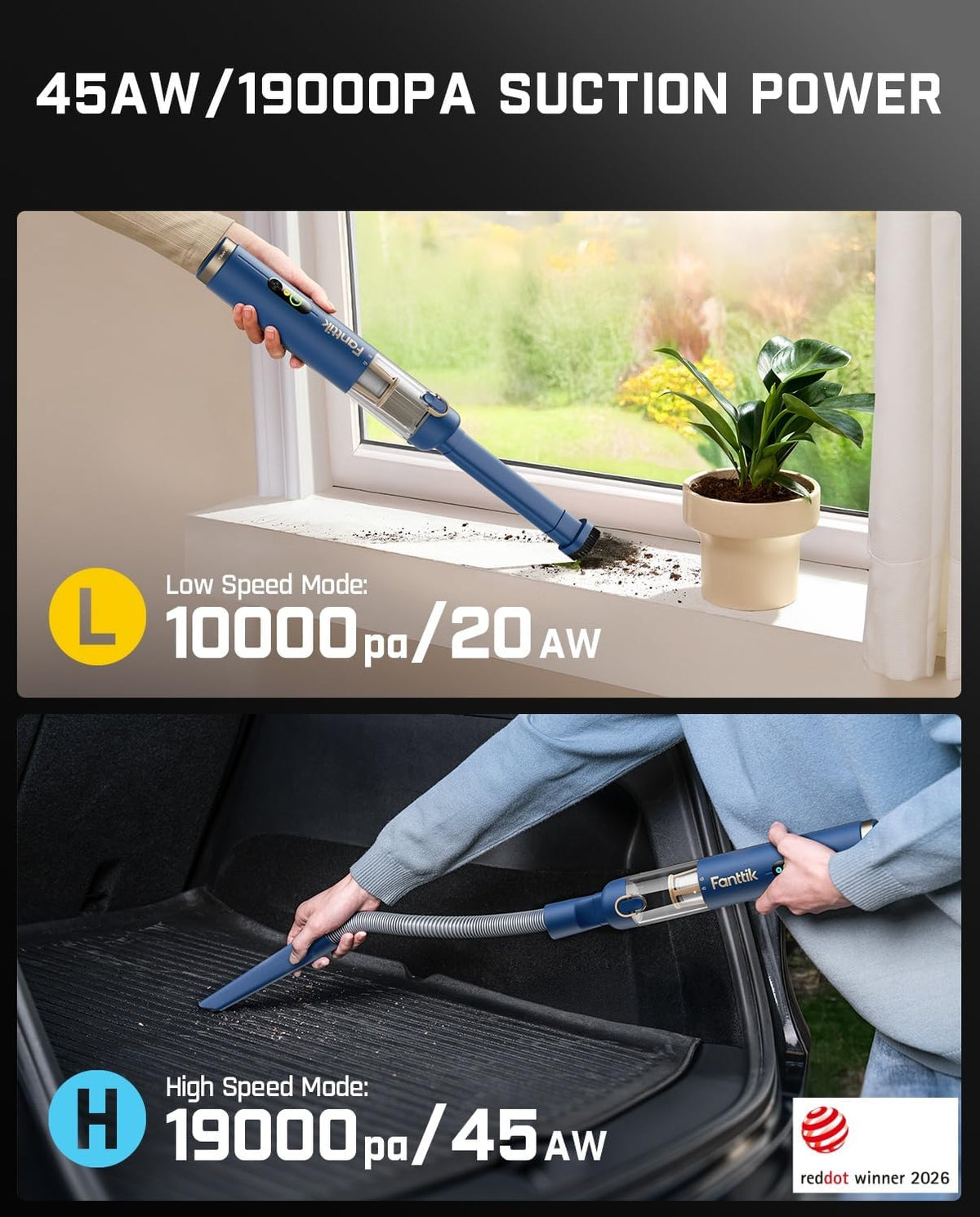 Slim V10 APEX Cordless Car Vacuum, 4-in-1 Portable Mini Handheld Vac, Upgraded Smart Digital Display, 19kPa Suction Power, 2 Suction Modes for Small Jobs, Car, Office Desk, Keyboards (Black)