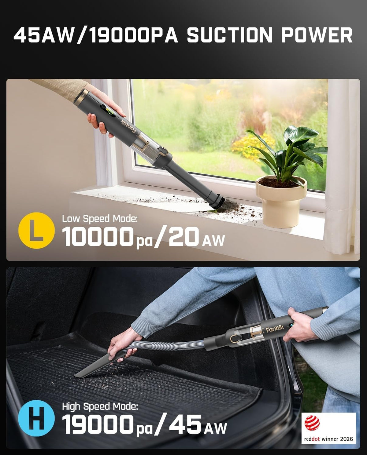 Slim V10 APEX Cordless Car Vacuum, 4-in-1 Portable Mini Handheld Vac, Upgraded Smart Digital Display, 19kPa Suction Power, 2 Suction Modes for Small Jobs, Car, Office Desk, Keyboards (Black)