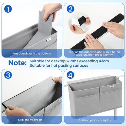 2 Pack Desk Side Hanging Organizer, Adhesive Storage Bag with Pockets for Magazine Ipad Notebook, for End Tables Home Office Desks Computer Workstations Dressing Table, Grey