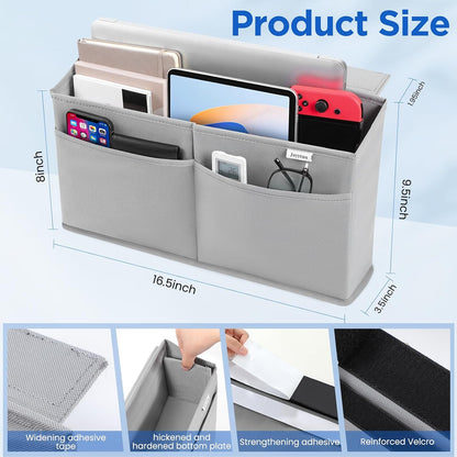 2 Pack Desk Side Hanging Organizer, Adhesive Storage Bag with Pockets for Magazine Ipad Notebook, for End Tables Home Office Desks Computer Workstations Dressing Table, Grey