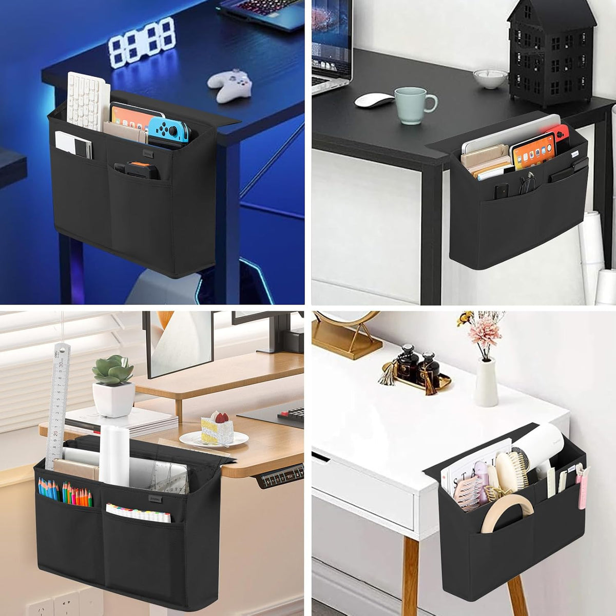 2 Pack Desk Side Hanging Organizer, Adhesive Storage Bag with Pockets for Magazine Ipad Notebook, for End Tables Home Office Desks Computer Workstations Dressing Table, Grey