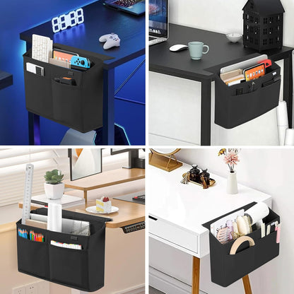 2 Pack Desk Side Hanging Organizer, Adhesive Storage Bag with Pockets for Magazine Ipad Notebook, for End Tables Home Office Desks Computer Workstations Dressing Table, Grey