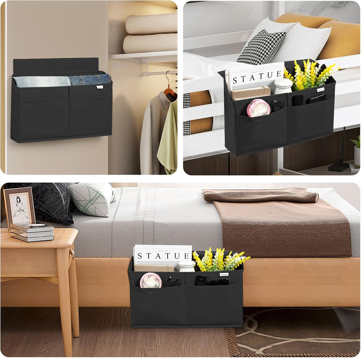 2 Pack Desk Side Hanging Organizer, Adhesive Storage Bag with Pockets for Magazine Ipad Notebook, for End Tables Home Office Desks Computer Workstations Dressing Table, Grey