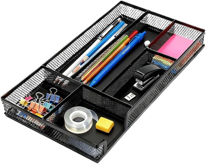 2 Pack Desk Drawer Organizer, Small Metal Mesh Desk Organizer Tray, Pen Pencil Drawer Organizer for Office Supplies, Desktop, Makeup, Vanity