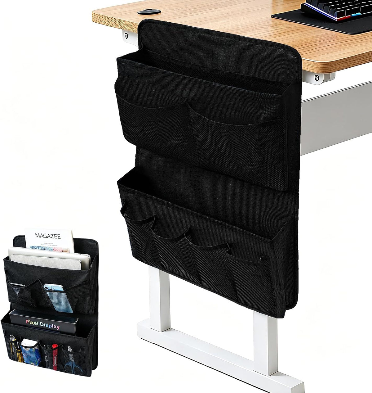 Desk Side Storage, Sesktop Storage Pouch, Drill-free Laptop Holder, Clip-on Multifunctional Laptop Stand with Pen Holder, Hanging Desktop Storage Rack for Home Offices Edges up to 1.22" Thick