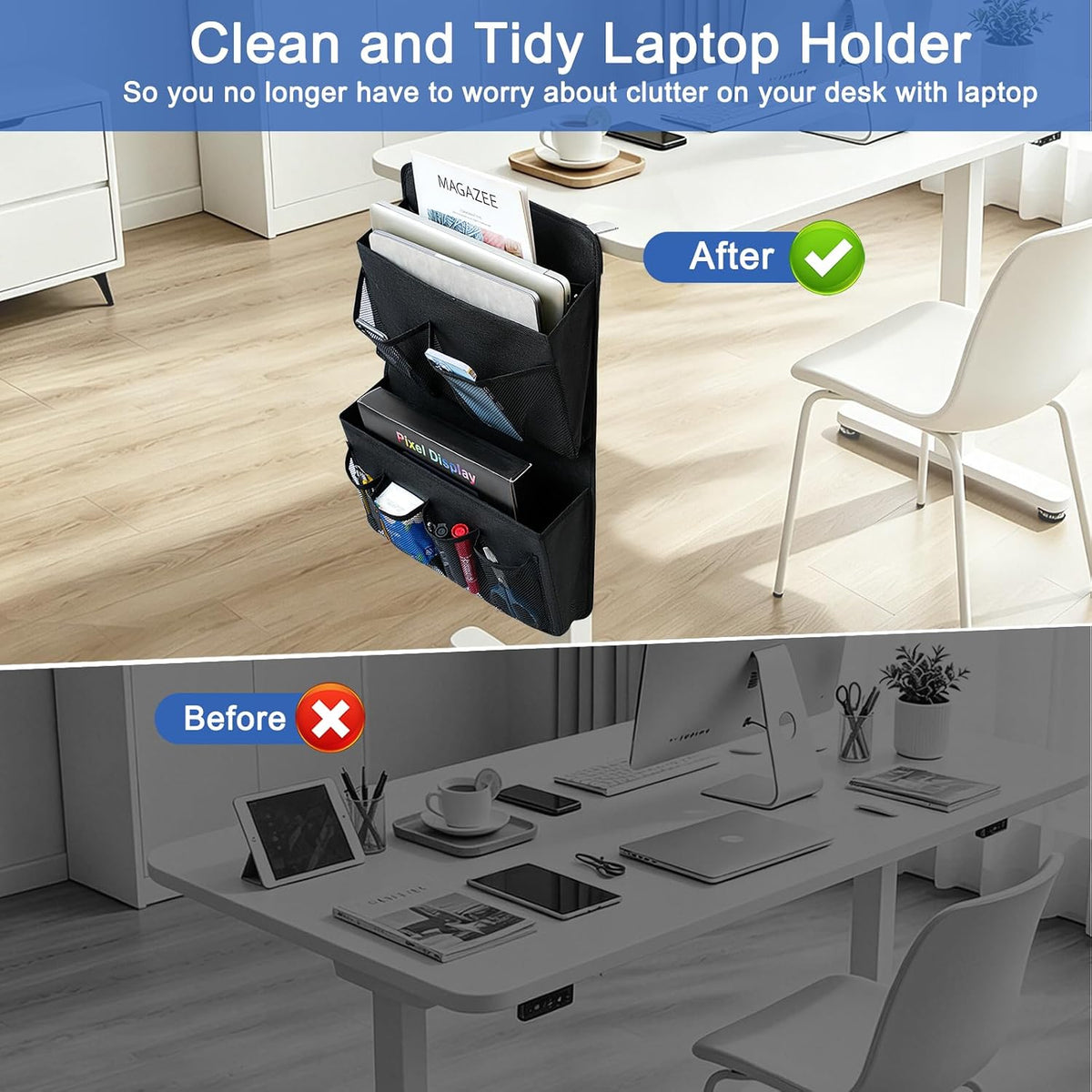 Desk Side Storage, Sesktop Storage Pouch, Drill-free Laptop Holder, Clip-on Multifunctional Laptop Stand with Pen Holder, Hanging Desktop Storage Rack for Home Offices Edges up to 1.22" Thick