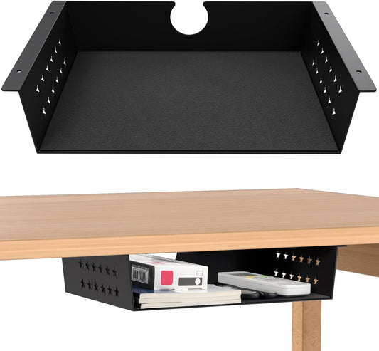 Under Desk Storage Shelf, Under Desk Tray with Felt Liner, Screw Mount Under Table Hidden Storage for Home Office, Kitchen Cabinet
