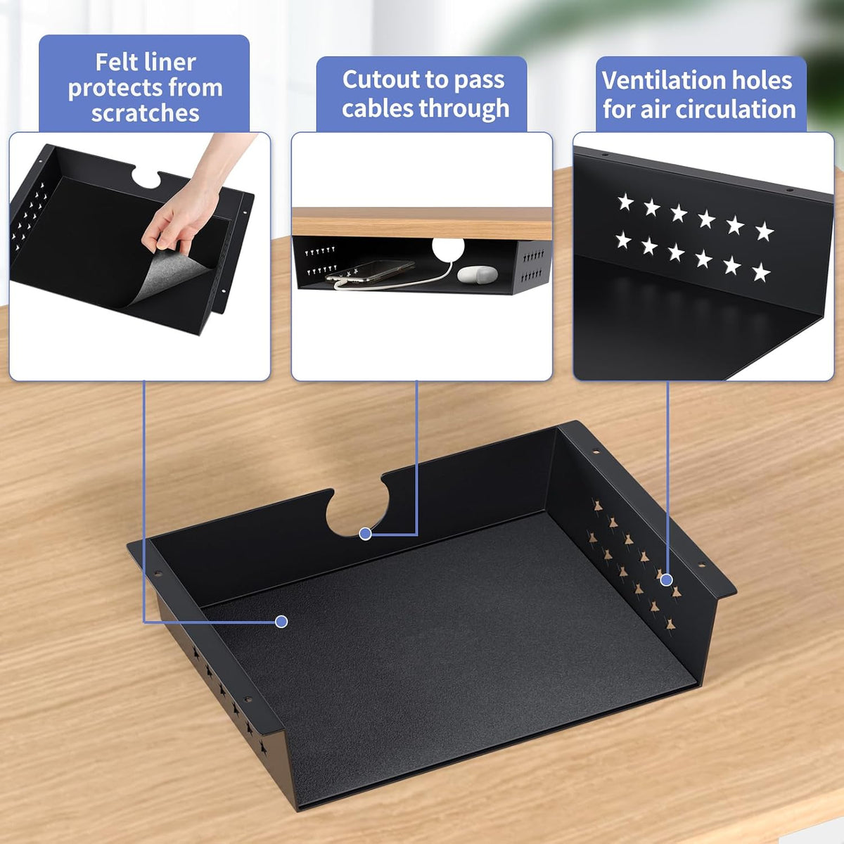 Under Desk Storage Shelf, Under Desk Tray with Felt Liner, Screw Mount Under Table Hidden Storage for Home Office, Kitchen Cabinet
