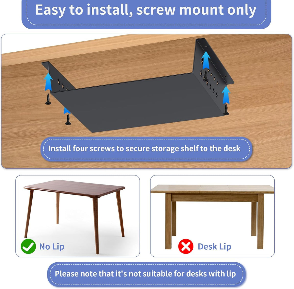 Under Desk Storage Shelf, Under Desk Tray with Felt Liner, Screw Mount Under Table Hidden Storage for Home Office, Kitchen Cabinet
