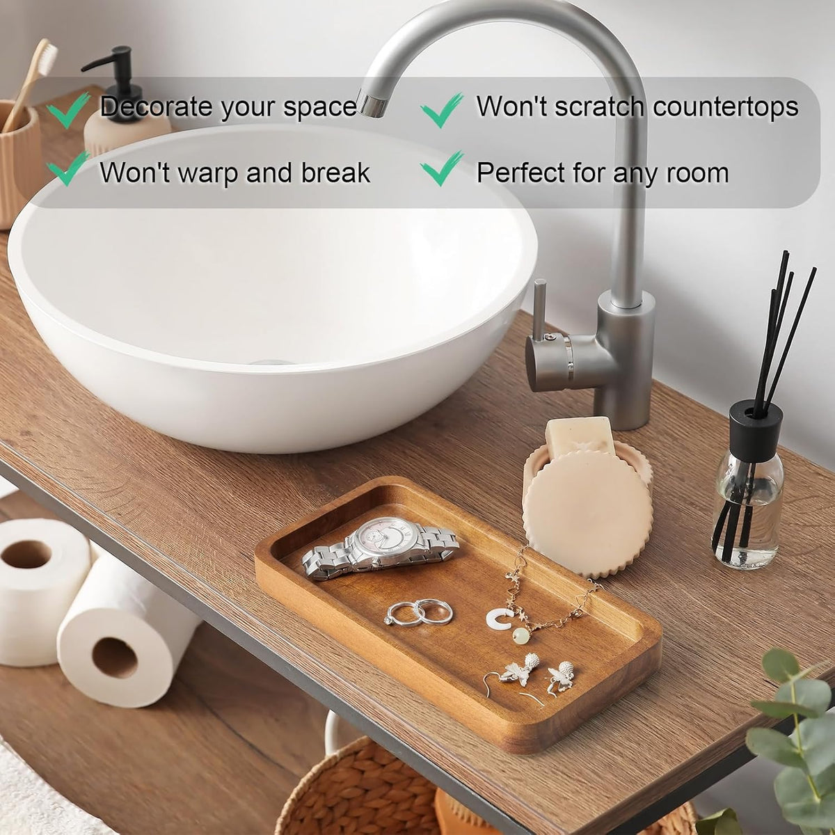 8" Acacia Wood Bathroom Vanity Tray for Counter - Dresser Top Tray for Perfume Jewelry Candle Key Catchall - Small Kitchen Countertop Organizer for Soap Dispenser and Sponge Holder