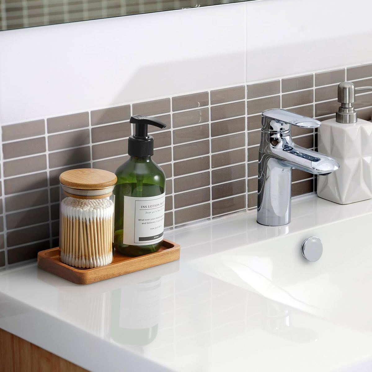 8" Acacia Wood Bathroom Vanity Tray for Counter - Dresser Top Tray for Perfume Jewelry Candle Key Catchall - Small Kitchen Countertop Organizer for Soap Dispenser and Sponge Holder