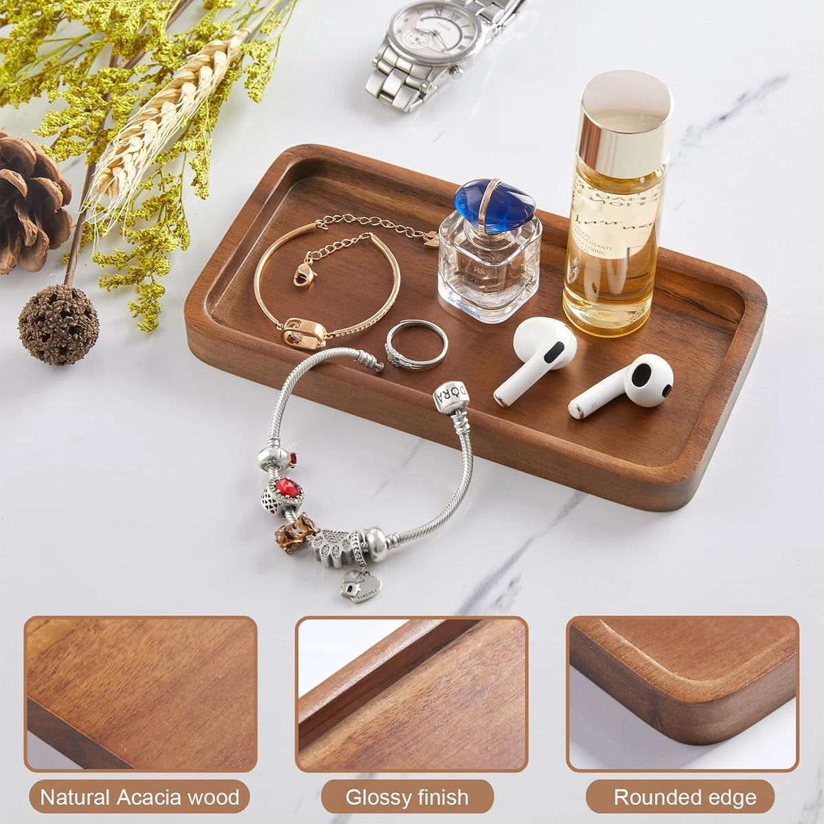 8" Acacia Wood Bathroom Vanity Tray for Counter - Dresser Top Tray for Perfume Jewelry Candle Key Catchall - Small Kitchen Countertop Organizer for Soap Dispenser and Sponge Holder