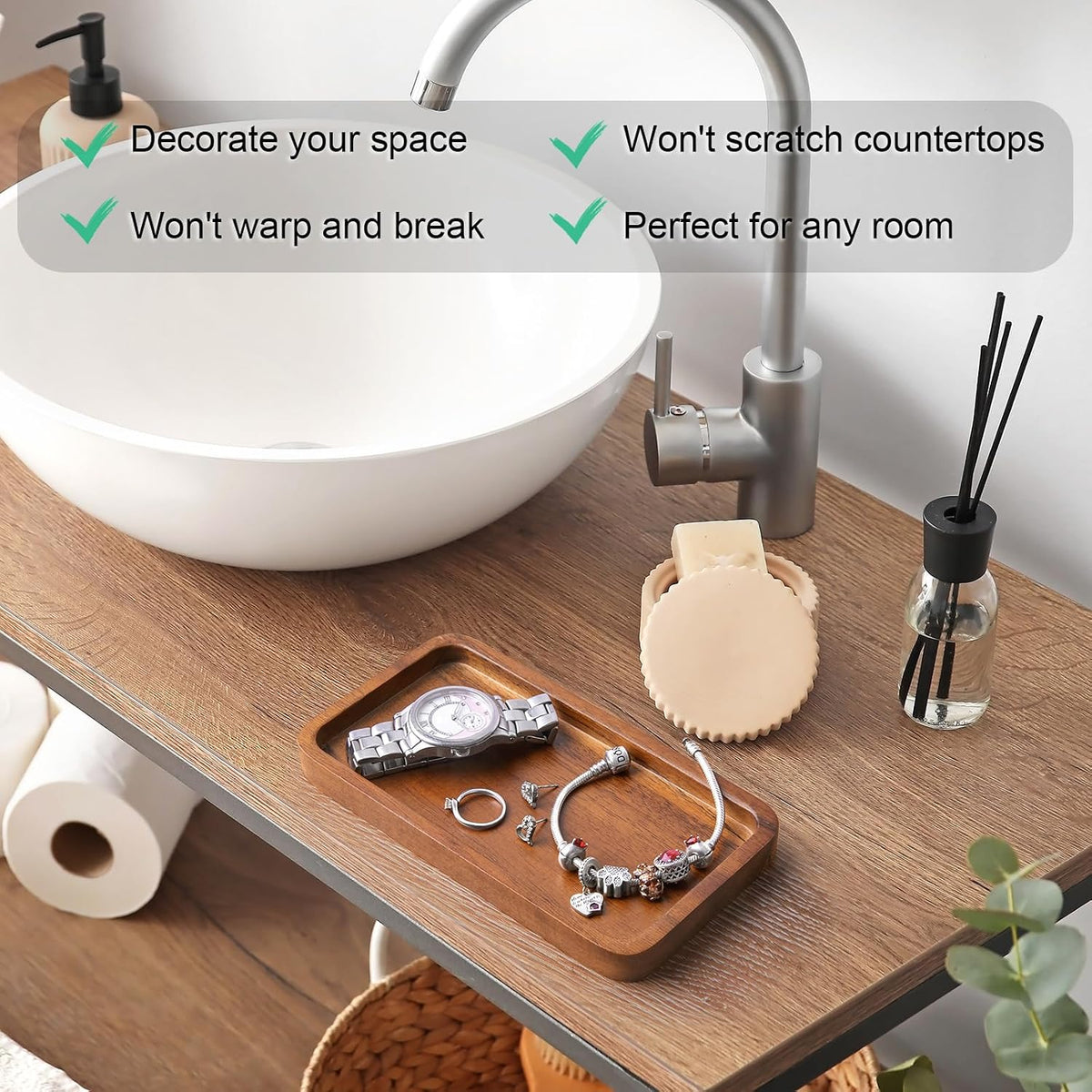 8" Acacia Wood Bathroom Vanity Tray for Counter - Dresser Top Tray for Perfume Jewelry Candle Key Catchall - Small Kitchen Countertop Organizer for Soap Dispenser and Sponge Holder