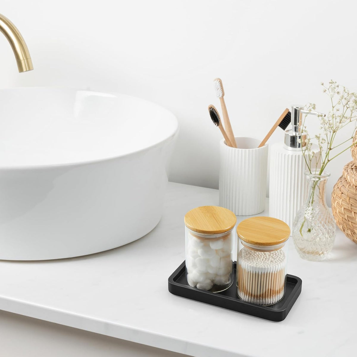 8" Acacia Wood Bathroom Vanity Tray for Counter - Dresser Top Tray for Perfume Jewelry Candle Key Catchall - Small Kitchen Countertop Organizer for Soap Dispenser and Sponge Holder