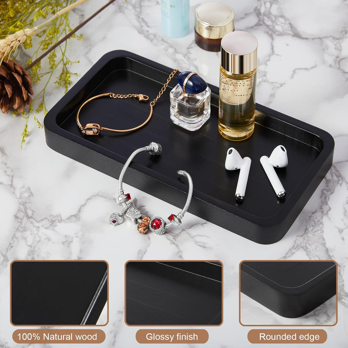 8" Acacia Wood Bathroom Vanity Tray for Counter - Dresser Top Tray for Perfume Jewelry Candle Key Catchall - Small Kitchen Countertop Organizer for Soap Dispenser and Sponge Holder
