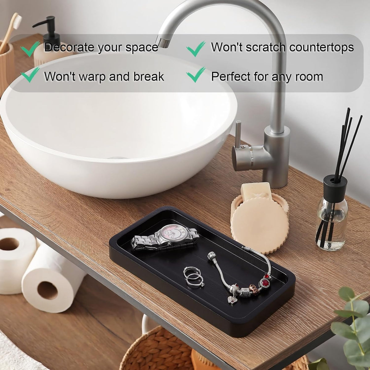 8" Acacia Wood Bathroom Vanity Tray for Counter - Dresser Top Tray for Perfume Jewelry Candle Key Catchall - Small Kitchen Countertop Organizer for Soap Dispenser and Sponge Holder