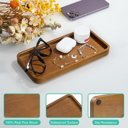 8" Acacia Wood Bathroom Vanity Tray for Counter - Dresser Top Tray for Perfume Jewelry Candle Key Catchall - Small Kitchen Countertop Organizer for Soap Dispenser and Sponge Holder