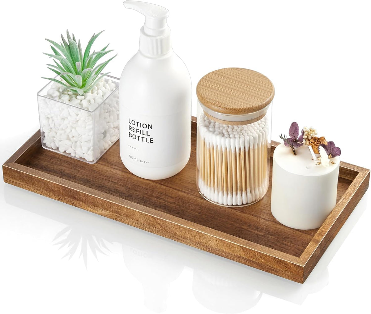 8" Acacia Wood Bathroom Vanity Tray for Counter - Dresser Top Tray for Perfume Jewelry Candle Key Catchall - Small Kitchen Countertop Organizer for Soap Dispenser and Sponge Holder