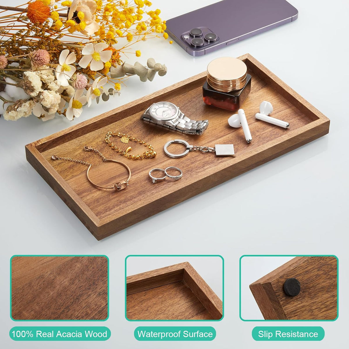 8" Acacia Wood Bathroom Vanity Tray for Counter - Dresser Top Tray for Perfume Jewelry Candle Key Catchall - Small Kitchen Countertop Organizer for Soap Dispenser and Sponge Holder