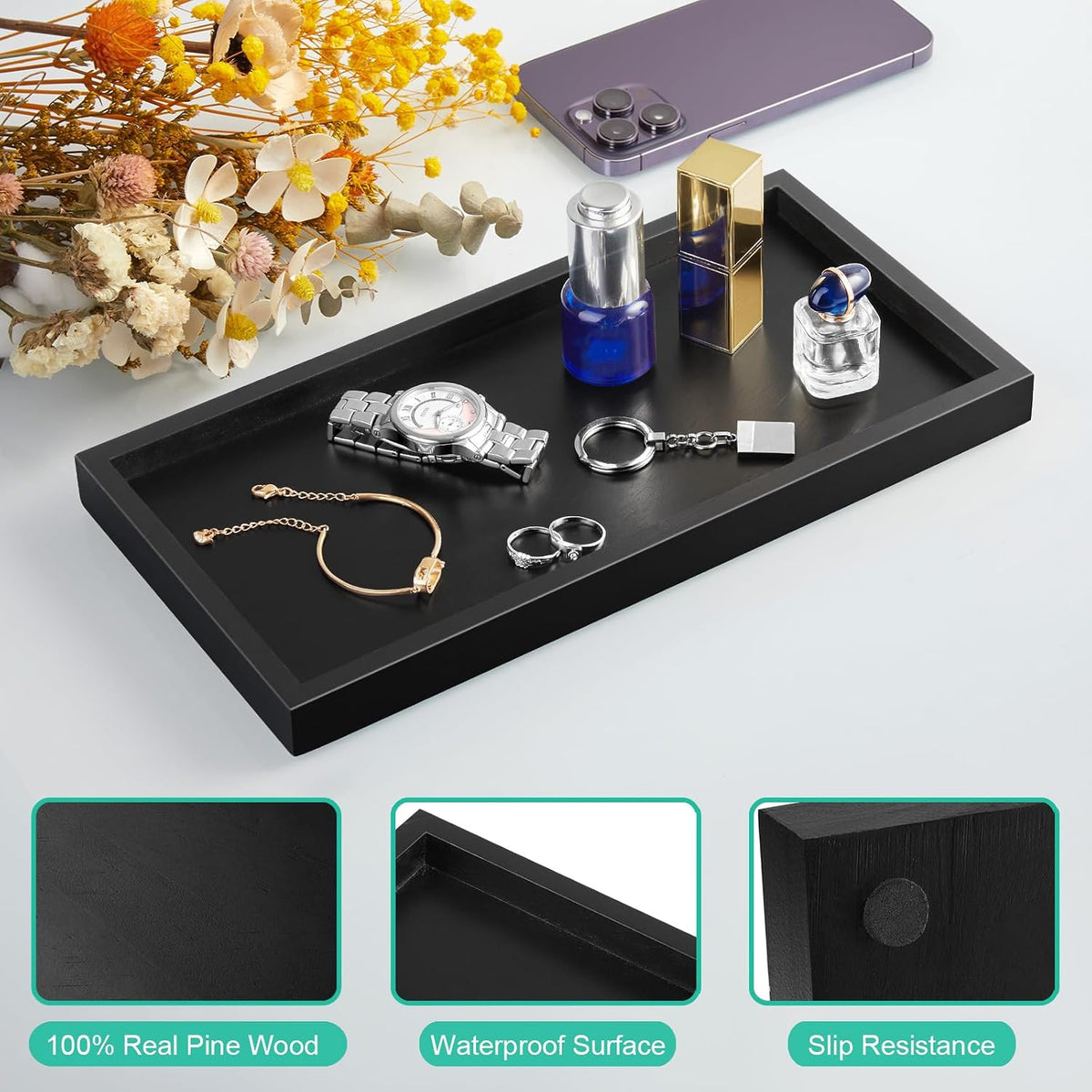 8" Acacia Wood Bathroom Vanity Tray for Counter - Dresser Top Tray for Perfume Jewelry Candle Key Catchall - Small Kitchen Countertop Organizer for Soap Dispenser and Sponge Holder