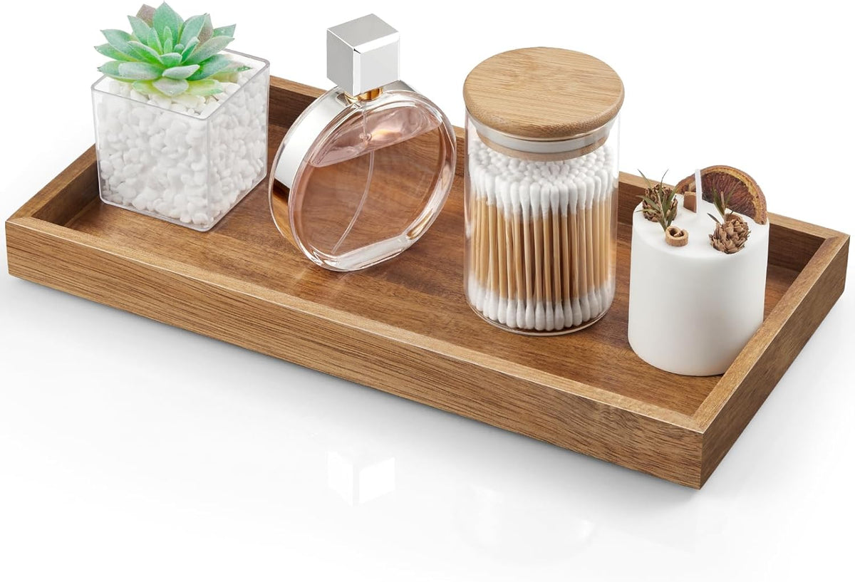 8" Acacia Wood Bathroom Vanity Tray for Counter - Dresser Top Tray for Perfume Jewelry Candle Key Catchall - Small Kitchen Countertop Organizer for Soap Dispenser and Sponge Holder