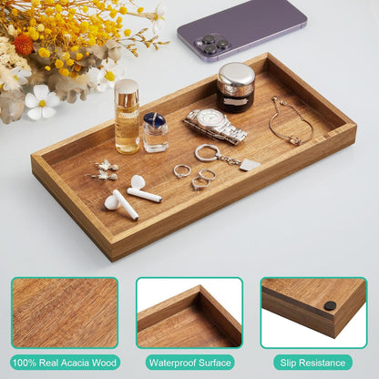 8" Acacia Wood Bathroom Vanity Tray for Counter - Dresser Top Tray for Perfume Jewelry Candle Key Catchall - Small Kitchen Countertop Organizer for Soap Dispenser and Sponge Holder