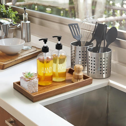 8" Acacia Wood Bathroom Vanity Tray for Counter - Dresser Top Tray for Perfume Jewelry Candle Key Catchall - Small Kitchen Countertop Organizer for Soap Dispenser and Sponge Holder