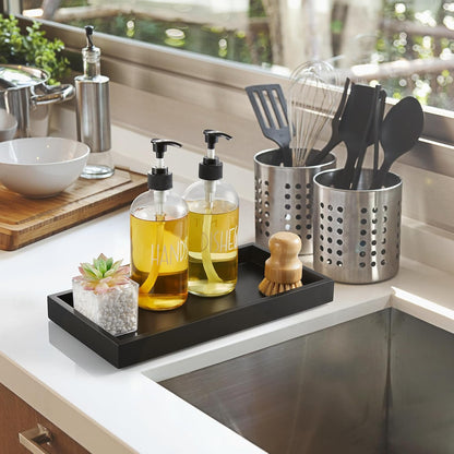 8" Acacia Wood Bathroom Vanity Tray for Counter - Dresser Top Tray for Perfume Jewelry Candle Key Catchall - Small Kitchen Countertop Organizer for Soap Dispenser and Sponge Holder