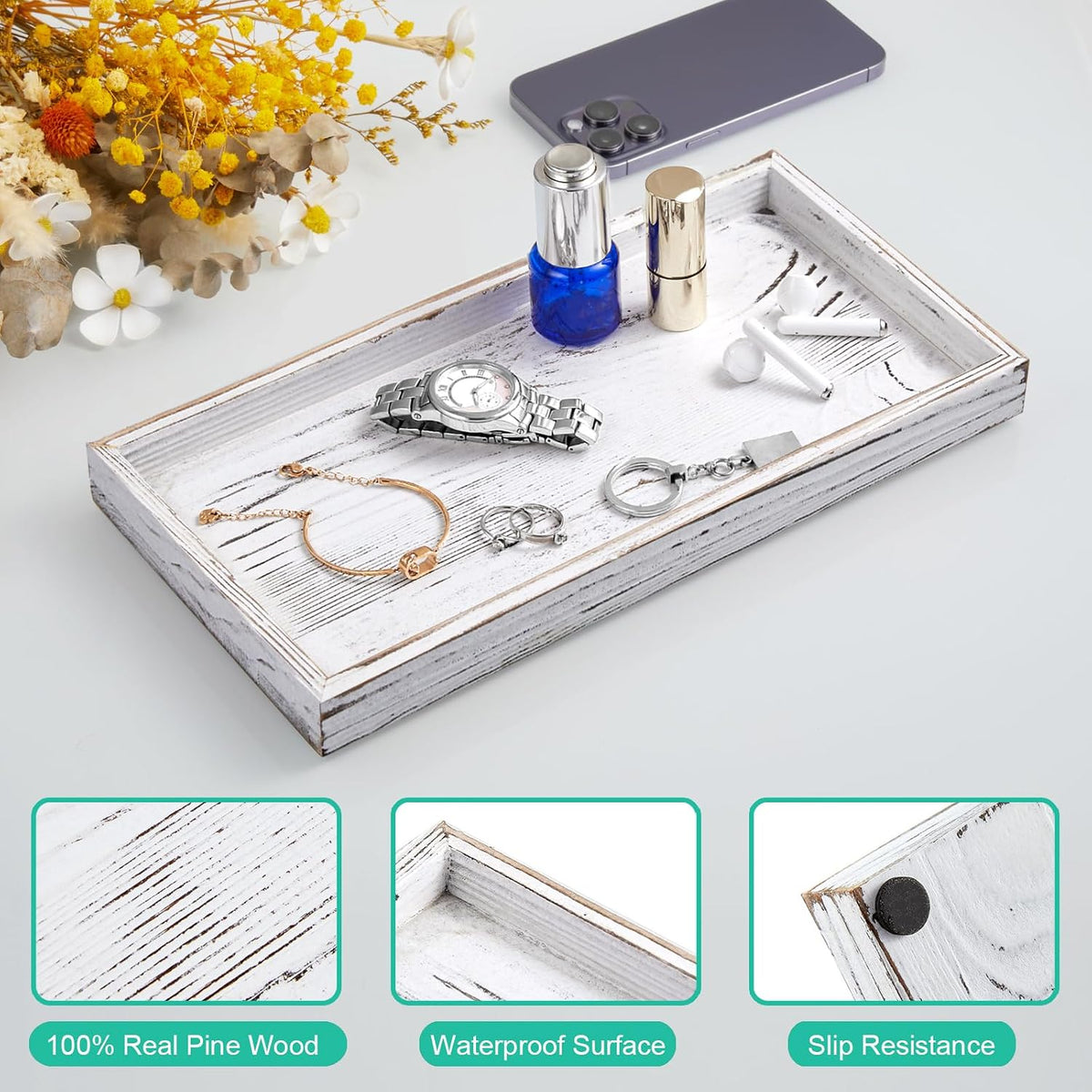 8" Acacia Wood Bathroom Vanity Tray for Counter - Dresser Top Tray for Perfume Jewelry Candle Key Catchall - Small Kitchen Countertop Organizer for Soap Dispenser and Sponge Holder