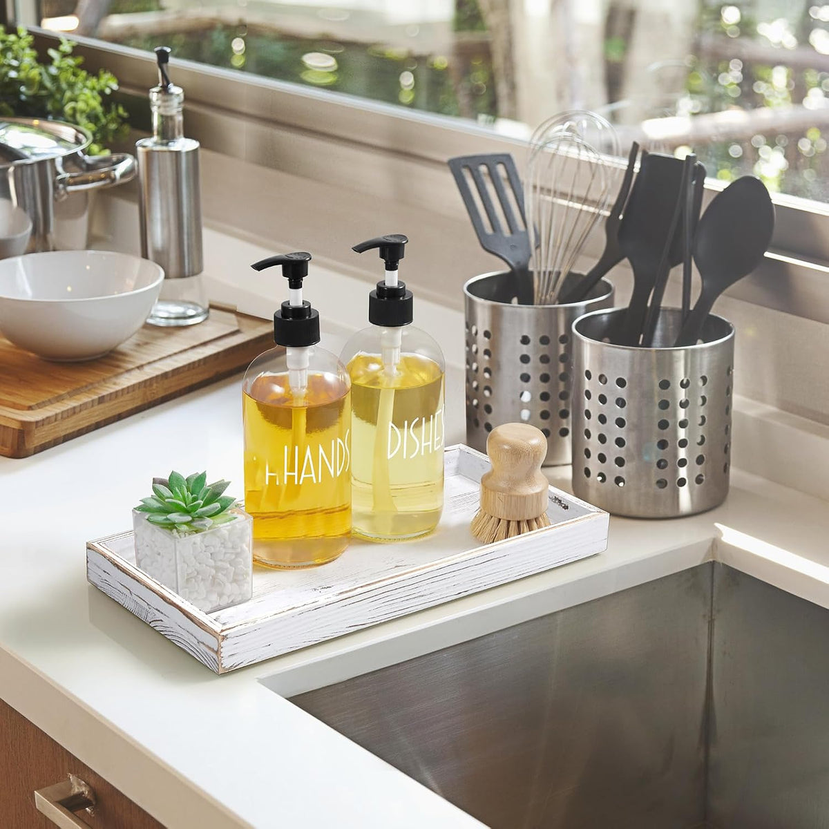 8" Acacia Wood Bathroom Vanity Tray for Counter - Dresser Top Tray for Perfume Jewelry Candle Key Catchall - Small Kitchen Countertop Organizer for Soap Dispenser and Sponge Holder